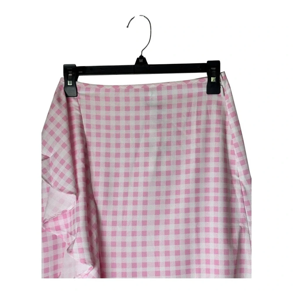 Sökie Collective Skirt Women Small Pink White Gingham‎ Ruffle Midi NWT Preppy